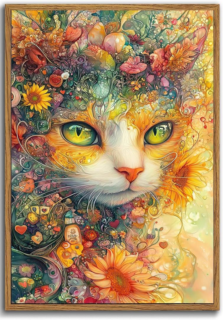 Wunsens Psychedelic Cat Wall Art, Colorful Fantasy Cat and Flowers Canvas Print, Vibrant Abstract Animal Artwork for Living Room, Bedroom, for Living Room, Kitchen, Dining Room 16x24 inch Unframed (Q)