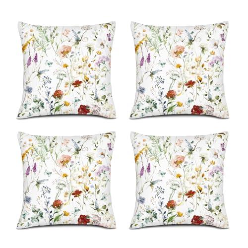 ENSFTF Throw Pillow Covers Set of 4 Watercolor Flowers Pattern Linen Pillow Covers Quare Pillow Case Farmhouse Outdoor Modern Boho Pillow Covers for Couch Sofa Living Room 14X14 Inch