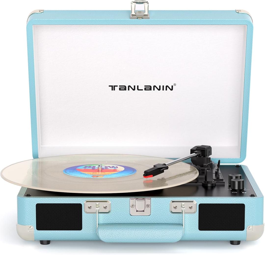 Bluetooth Suitcase Record Player with Builtin Speakers, Bass & Treble Control, 3Speed BeltDrive Turntable with AutoStop, Portable Vinyl Player for 33 45 78RPM LPs, Blue