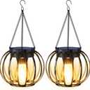Solar Lanterns Outdoor Waterproof 2 Pack, 14.37" Metal Hanging Solar Lights for Outside with Auto On/Off & Hook - Brighter Hanging Outdoor Lanterns Decorative Lighting for Garden Patio Yard