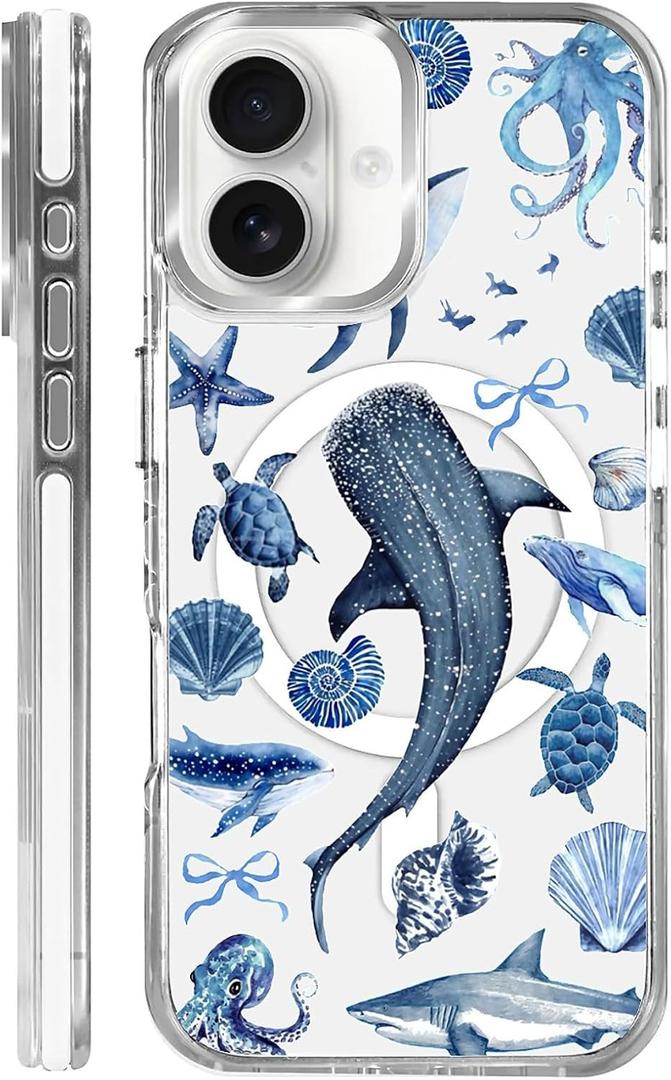 for iPhone 16 Case,Compatible with MagSafe,The Transparent TPU Silicone Protects The Phone Case from Drops, Slips and Fingerprints.Blue Ocean Whale Shark Octopus Turtle Collage