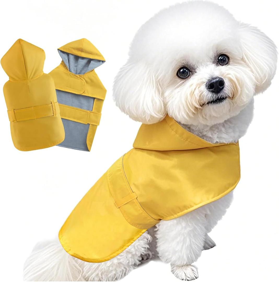BECNBEAU Dog Raincoat Dog Rain Jacket Poncho Waterproof Snowproof Pet Rain Suit Double-Layered Warm Lining Hooded Leash Hole Adjustable Puppy Small Medium Dogs,Yellow,XL,Back Length 13-15.5 inches