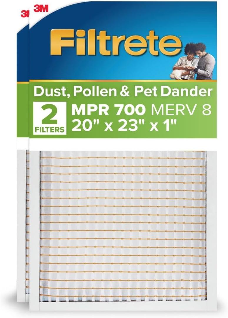 Filtrete 20x23x1 AC Furnace Air Filter, MPR 700, MERV 8, Tough on Pollen, Easy on Airflow, 3-Month Pleated 1-Inch Electrostatic Air Cleaning Filter, 2-Pack (Actual Size 19.69 x 22.69 x 0.81 in)