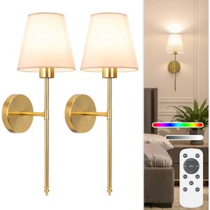 NIORSUN 19.9 inch Battery Operated Wall Sconce Set of 2,Gold Rechargeable Wall Lights with 5200mAh Dimmable Detachable Bulbs and Remote,10 Colors Wireless Sconces for Bedroom Living Room Hallway