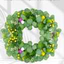 18" Green Berry Eucalyptus Leaf Wreath, Artificial Spring And Summer Wreath With Pink Purple Cones And Pomegranate Fruit Decorations Your Front Door And Windows, Suitable For Indoor And Outdoor