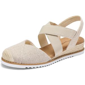 mysoft Womens Wedge Sandals Low Heel Comfortable Closed Toe Espadrilles Slip-on Elastic Ankle Strap Walking Shoes (Beige, L)