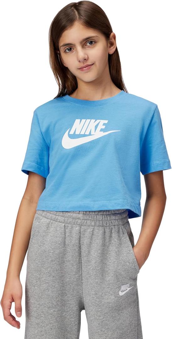 Nike Girls' Sportswear Cropped T-Shirt (Large Swoosh Logo) (Blue, M)