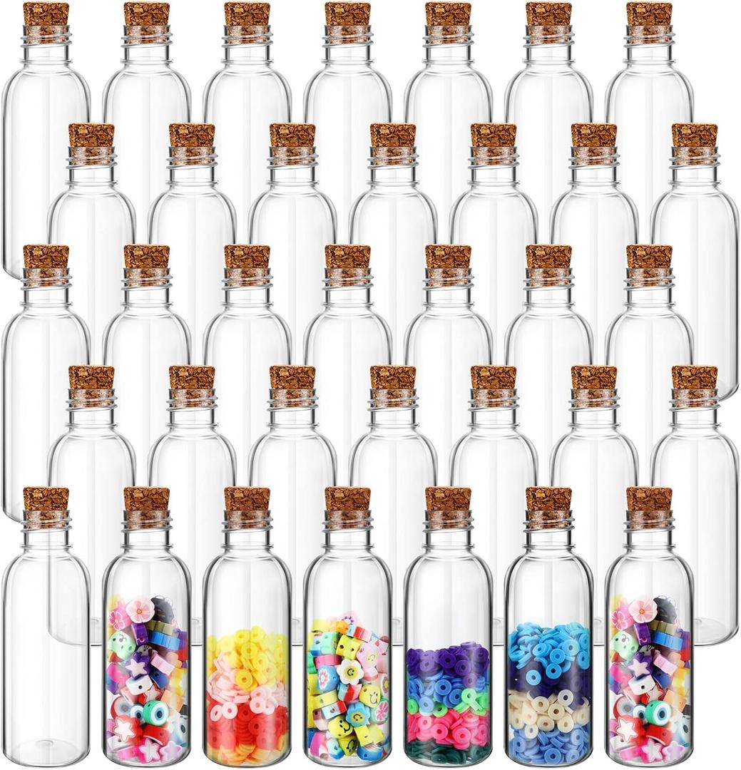Lounsweer 50 Pack 2 oz Clear Plastic Sand Art Bottles with Cork Stoppers Sand Art Containers Jar with Lid Mini Potion Bottles for DIY Wedding Party Favors Wish and Message Bottle(Wood Color)