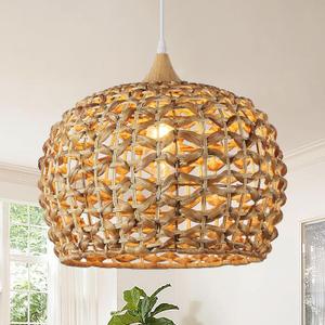 Boho Pendant Lights, 15.7" 1-Light Rattan Chandelier Hand-Woven Wicker Pendant Light with Water Hyacinth Shade, Coastal Dome Hanging Light for Dining Room Kitchen Island
