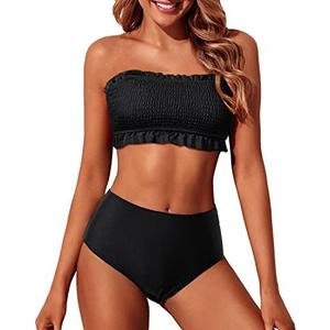 Tempt Me Women Bandeau High Waisted Bikini Sets Smocked Swimsuit Strapless Two Piece Bathing Suit, No Size