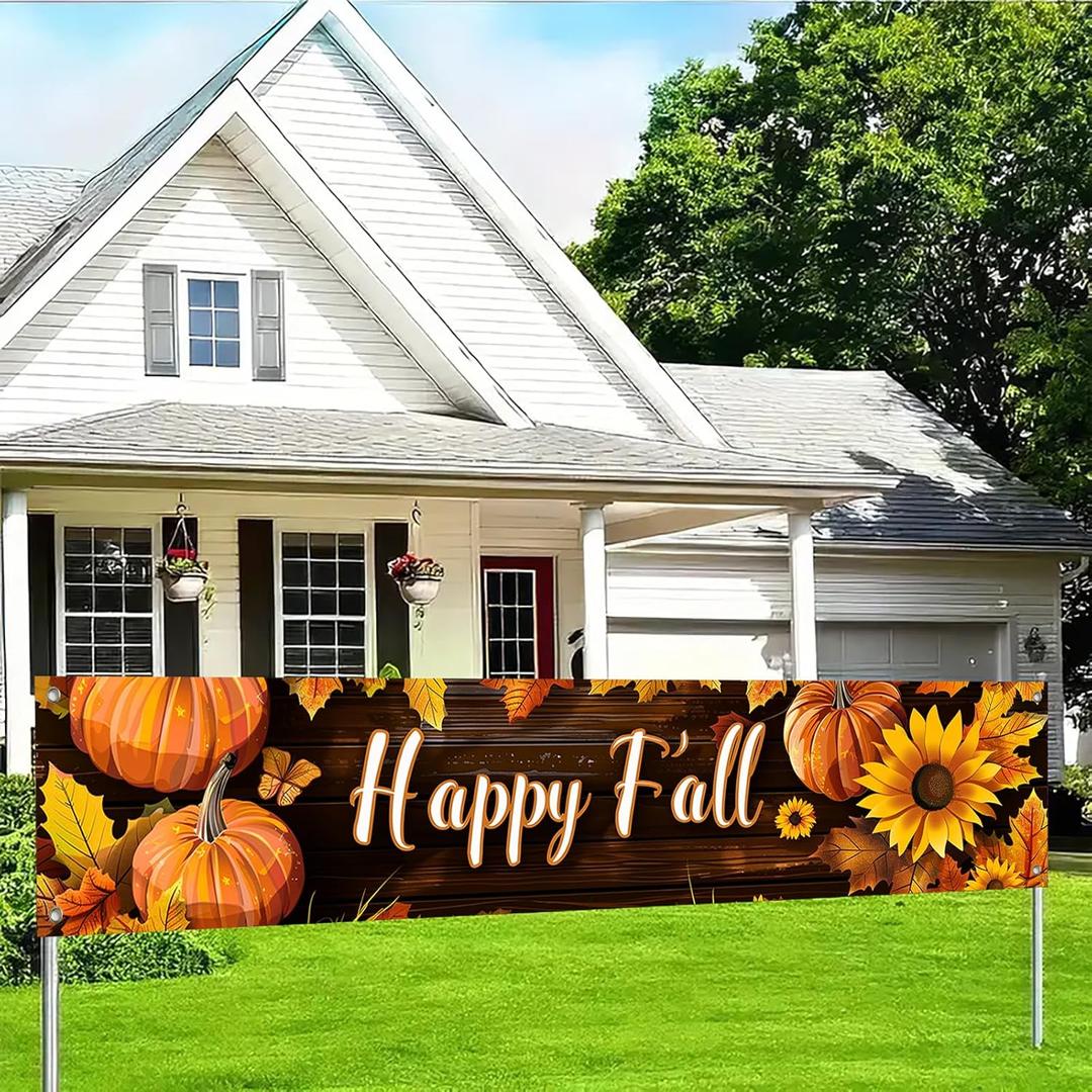 Happy Fall Large Banner Autumn Harvest Thanksgiving Decorations 118x20 Inch for Home Party Backdrop Pumpkin Sunflower Leaves Design Long Polyester Fabric Holiday Banner For gifts