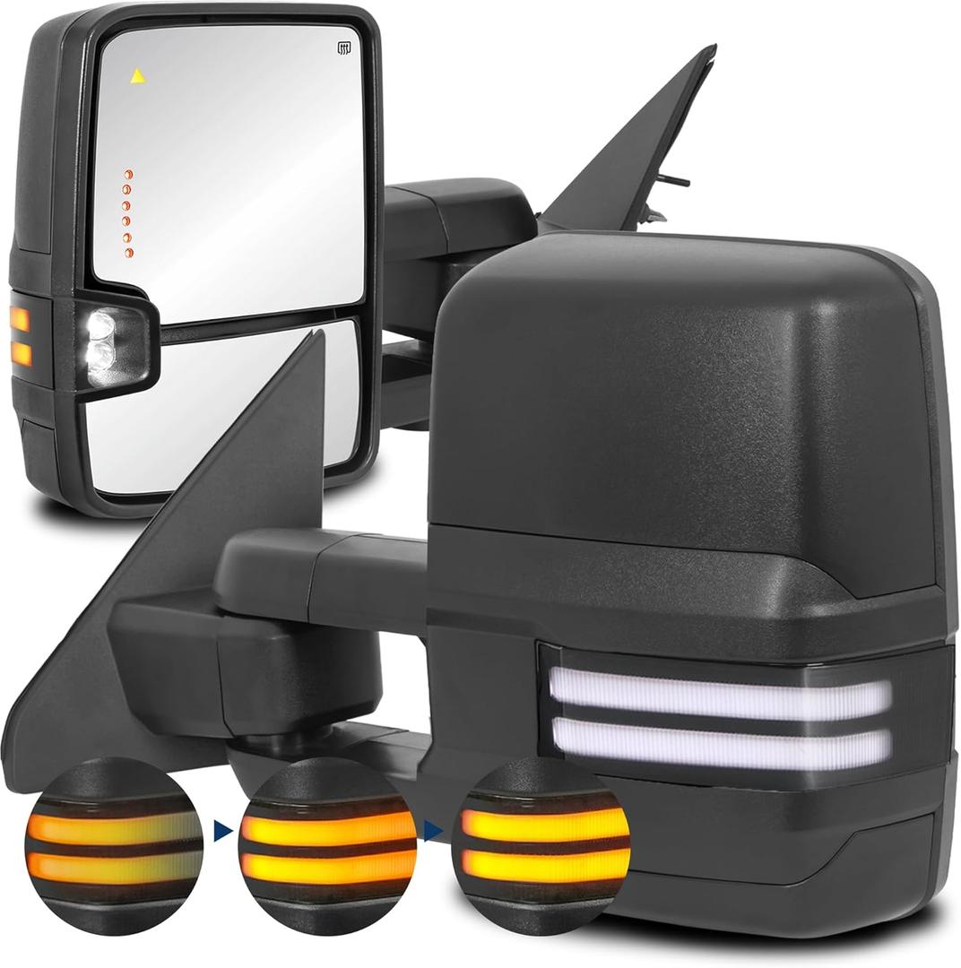 2PCS Black Towing Mirrors Power Heated Compatible for 2019-2024 Ram 1500 w/Dynamic Turn light, Puddle light,White DRL,BSM
