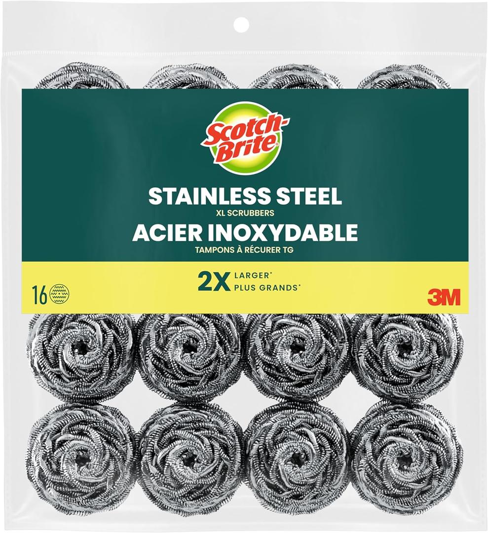 Scotch-Brite Stainless Steel Scrubbers, Scouring Pads for Cleaning Tough Baked-On Messes, Metal Scrubbers for Cleaning Dishes, 16 Scrub Pads