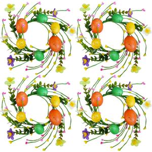 Winlyn 4 Pcs Easter Egg Candle Rings Spring Artificial Flower Berry and Egg Candle Holder Wreaths Mini Easter Wreaths 8.3" for Easter Tables Centerpieces Holiday Party Spring Home Mantel Door Dcor