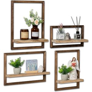 Wood Wall Shelves for Bedroom Farmhouse - Rustic Floating Shelf Decorative Storage Shelving Wall Mounted Decor with Frame for Living Room