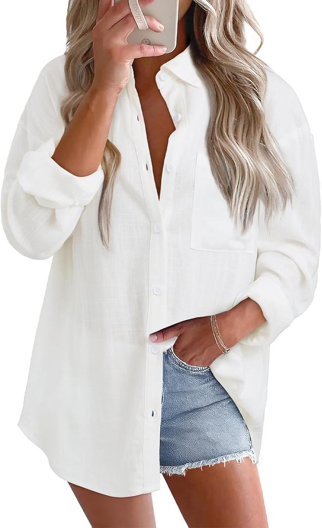 Astylish Women 2026 Loose Fit Tops Cotton Linen Button Down Shirts Collared Roll Up Long Sleeve V Neck Blouses (White, M)