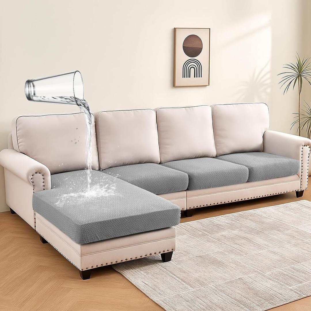Warmstar Waterproof Sectional Couch Covers 4 Pieces,Stretch Jacquard Thick Couch Sofa Cushion Covers Washable,Pet Friendly L Shaped Sofa Cover with Elastic Bottom(3 Seater+1 Chaise,Grey)