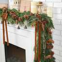 6 FT Christmas Cedar Garlands Decoration Realistic Cedar Greenery with Pine Cone Bell Garlands and Velvet Bows Christmas Holiday Decor for Xmas Holiday Mantle Fireplace Table Wall