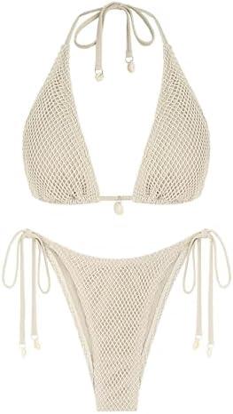 ZAFUL Women's Triangle Bikini Multiway Fishnet Tie Side Bandeau Halter String Bikini Set Two Piece Swimsuit Bathing Suits M