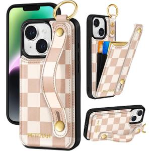 Petitian for iPhone 13/14 Wallet Case - Women Girls Cute Girly Aesthetic Unique Design Leather Credit Card Holder Phone Cover Stand Wristband for iPhone 13/14, Khaki Checkered