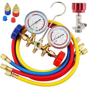 R134A Manifold Gauge Set with R134a Can Tap R134a Quick Coupler, 3 Way AC Diagnostic Manifold Gauge Set for R134a R12 R22 R404a Refrigerant, Automotive AC Gauge Set with 3Ft Charging Hoses