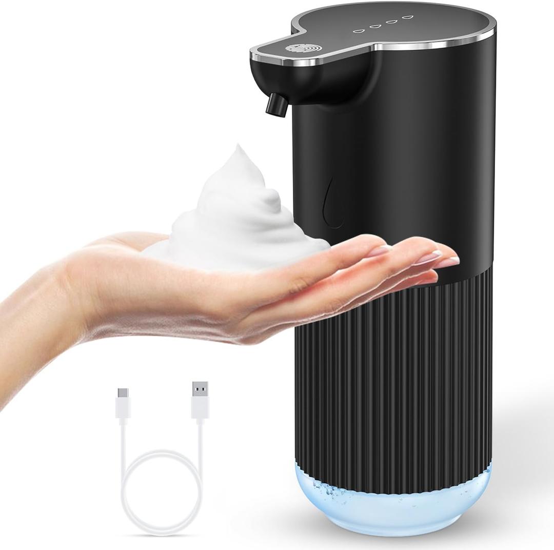 Automatic Foaming Soap Dispenser, Temracha 11.8 oz Touchless Foam Hand Dish Soap Dispenser, 4-Level Adjustable, Wall Mounted, Rechargeable, for Bathroom, Kitchen, Office (Black)