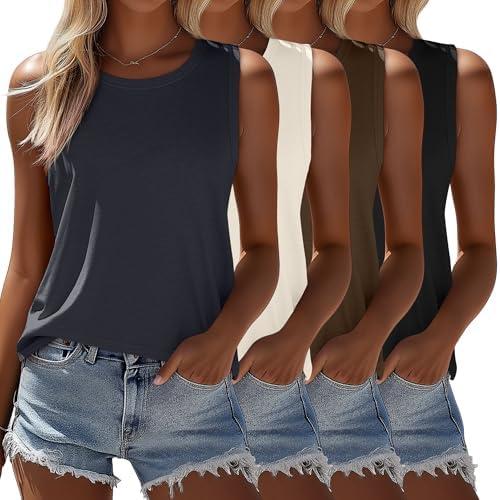 Ficerd 4 Pack Women's Sleeveless Tops, Casual Summer Loose Fit T Shirts Solid Color Tunic Tank Tops Ladies' Crew Neck Tee, L