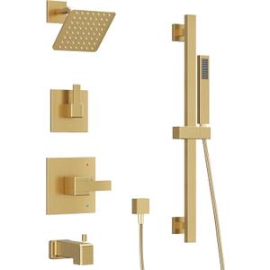 ESNBIA Bathtub Shower System Gold, All Metal Tub Shower Faucet Set with Slide Bar, Wall Mount Shower Combo Set with Shower Valve, 6" Rain Shower Head with Handheld Spray Combo, Brushed Gold (Brushed Gold)