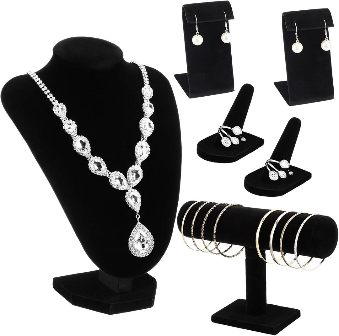 Wenqik 6 Pcs Velvet Jewelry Display Set Velvet Necklace Mannequin Bust Stand T Bar Bracelet Holder 2 Earring Stand 2 Ring Finger Jewelry Holder for Home Decor Showcase