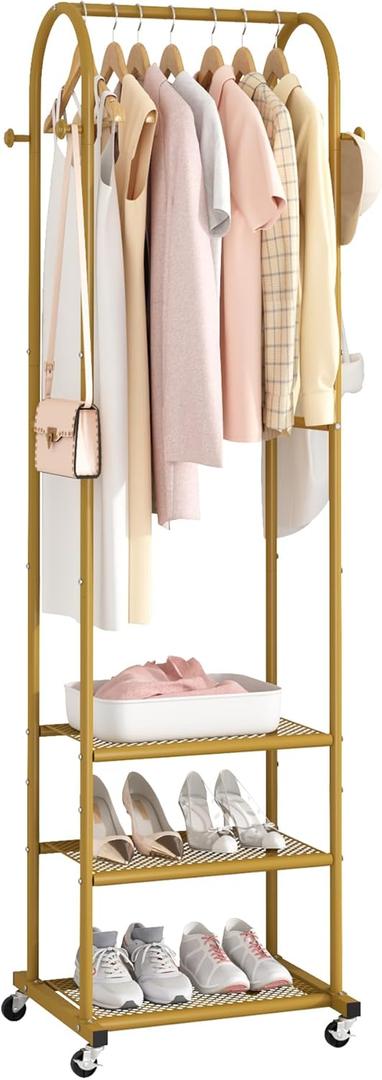 Kaitiemoo Heavy Duty Clothing Rack with Wheels, Modern Garment Rack with 3 Metal Shelves, 71.8Inches Display Rack for Hanging Clothes, Hanging Rod for Small Space, Gold