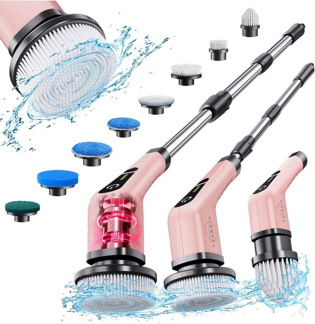 Leebein Electric Spin Scrubber, Cordless Powerful Scrub Brush for Cleaning Bathroom, Kitchen, Shower Tub and Floor Tile with Adjustable Extension Long Handle and 8 Replaceable Brush Heads(Rose)