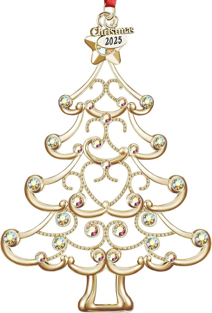 Christmas Ornaments 2025 Decorations for Christmas Tree, Metal Hanging Rhinestones Christmas Tree Decorations Indoor, Glitter Crafts Xmas Decors Annual Keepsake Gifts for Family Friends Holidays Home