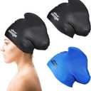 Swim Cap Long Hair 2 Pack Swimming Caps for Women Silicone Swim Caps Keep Hair Dry Waterproof Comfortable Flexible Durable Bathing Cap Tear-Proof Design Large Women Adult Swimming Cap 10+ Years Girls (Black & Blue)