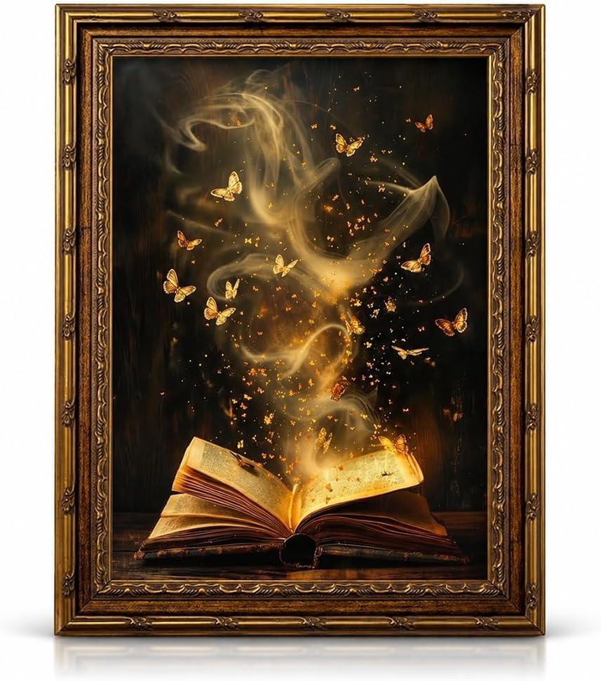 Vintage Gold Framed Moody Victorian Bookish Wall Art Butterfly Hovering Over the Book Wall Decor Dark Academia Fantasy Painting Poster for Bedroom 16x24 In