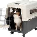 SportPet Airline Compliant LARGE 31.5" Travel Dog Kennel-Durable Plastic Airline Pet Carrier w/ Removable Wheels & Food Bowls, Collapsible Indoor/Outdoor Dog Kennel, Dogs up to 28"L & 20"H-Cream/Gray