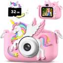 Upgrade Kids Camera for Boys Girls, Toddler Digital Selfie Camera with Cute Protective Cover and 32G SD Card, Christmas Birthday Gifts Toys for 3 4 5 6 7 8 9 10 11 12 Years Old Little Girls and Boys (Colorful Pink)