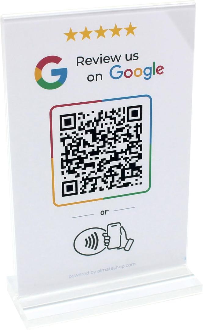 NFC & QR Tap Stand for Google Review - 4 x 6 inch Double Sided T Shape - for All Businesses - Easy Setup, All Phones Compatible (White, 1 Stand)