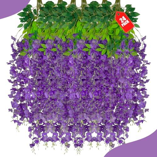 ZEBMOON 24Pack Purple Wisteria Hanging Flowers, 3.44 Ft Fake Hanging Flowers, Artificial Wisteria Garland Vines for Wedding Room Backdrop Outdoor Patio Garden Decoration