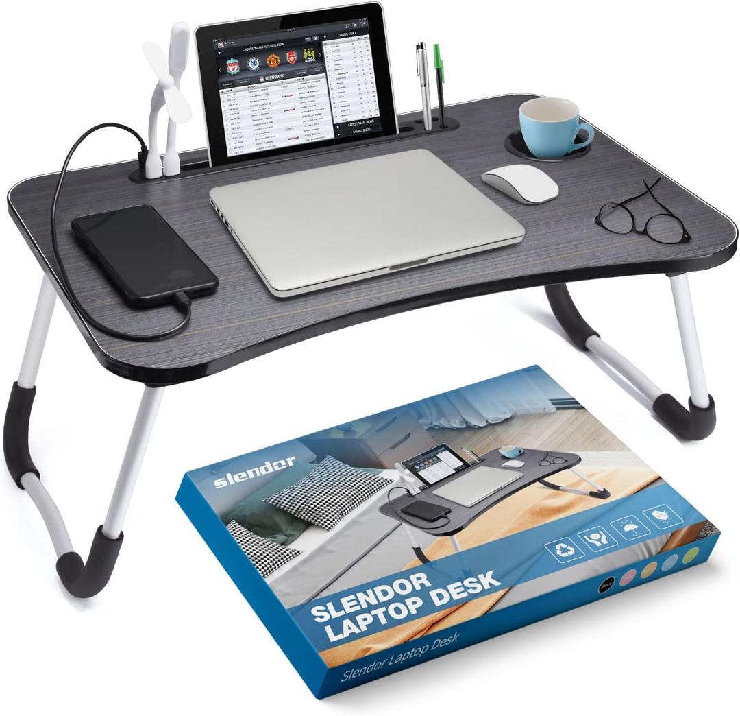 Slendor Foldable Lap Desk with Cup Holder for Bed, Couch, Floor
Portable,with USB Light, Fan, Pen Holder,Tablet Holder,for Laptop,Writing,Eating, Black