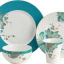 222 Fifth Eliza 16-Piece Teal Porcelain Dinnerware Set  Service for 4, Plate, Bowl & Mug Set, Floral & Peacock Feather Design, for Everyday Dining & Entertainment, Microwave & Dishwasher Safe