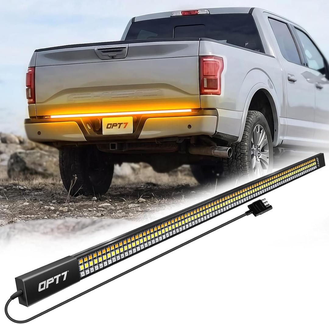 OPT7 Redline 60" Aluminum Truck Tailgate Light Bar w/Sequential Amber Turn - Weatherproof Rigid 1-Piece Triple Row LED Strip - Dynamic Taillight w/White Reverse - Fits F150, Silverado, Sierra, Ram