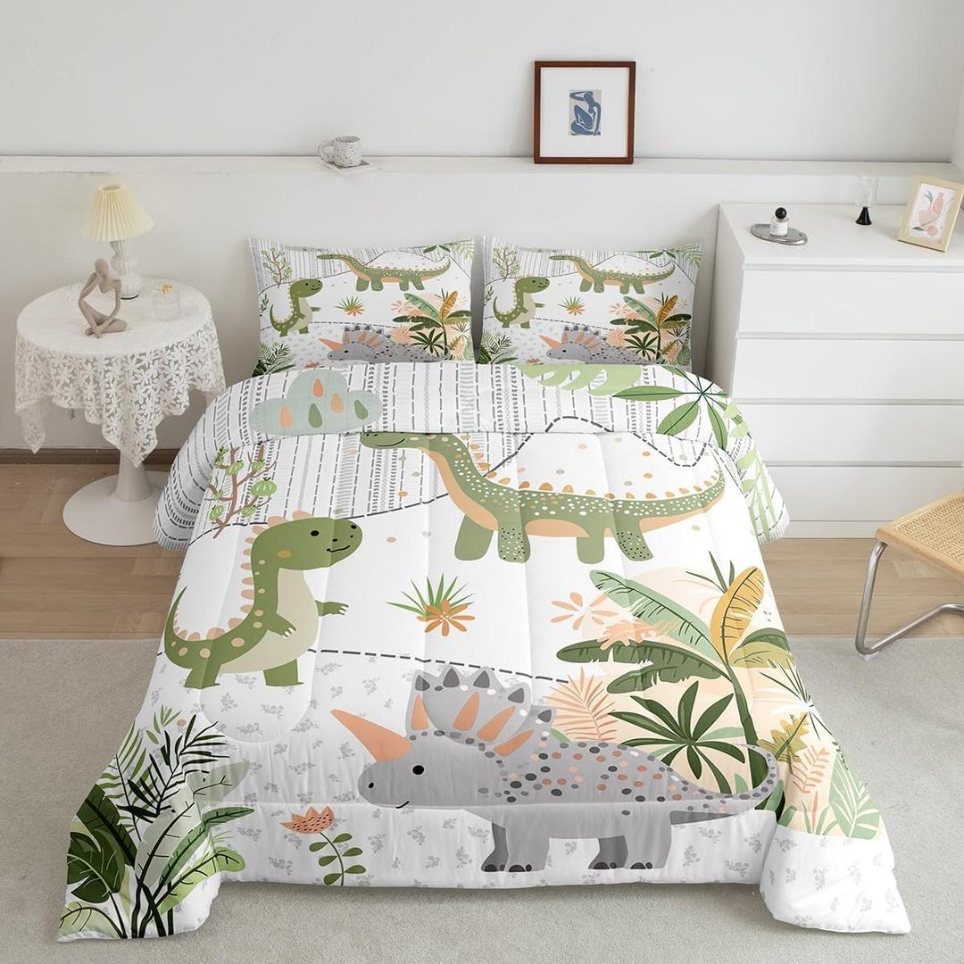 Feelyou Kids Cute Dinosaur Bedding Set Qween Size Cartoon Green Dinosaur Comforter Set for Boys Girls Teens Cute Animal Duvet Set Coconut Plant Quilt Set, 2 Pcs