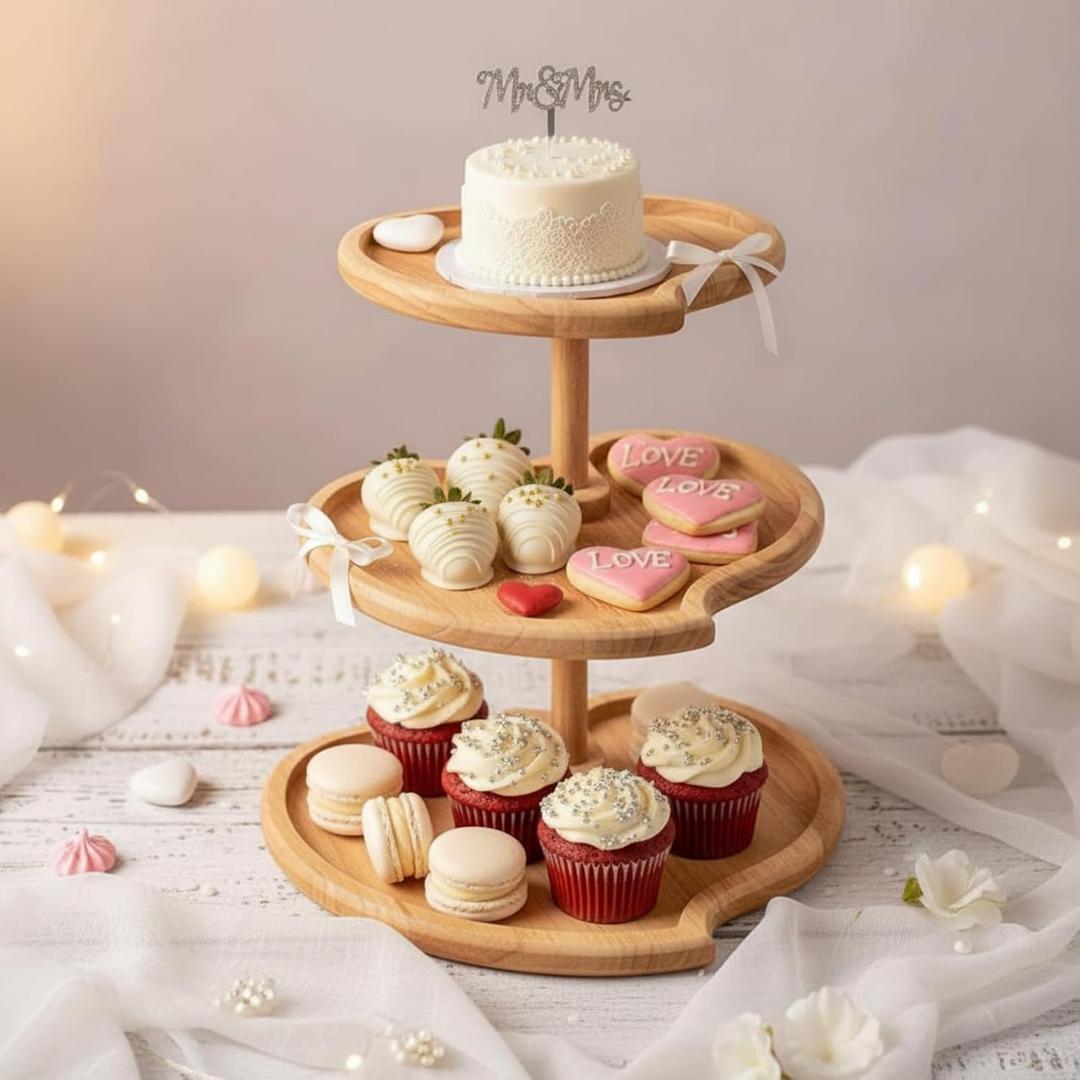 Wenqik 1 Pcs Cupcake Stand 3 Tier Wooden Cupcake Stand Heart Shaped 3 Tiered Serving Trays Rustic Farmhouse Dessert Display Tower for Wedding Birthday Tea Party Mother's Day Graduation