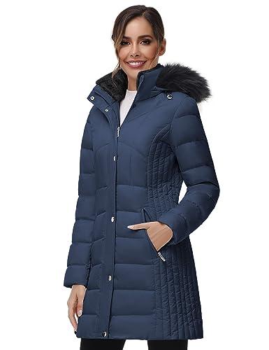 SLOW DOWN Women Winter Down Puffer Coat Warm Hooded Mid-Length Down Jacket for Women with Faux Fur Trim Hood and Pile Collar (Navy, M)