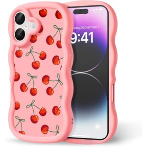Compatible with iPhone 17 Case for Women Girls, Curly Wavy Frame with Cute Pattern, Aesthetic Slim Soft Silicone TPU Bumper Shockproof Phone Case for iPhone 17 - Bow Cherry