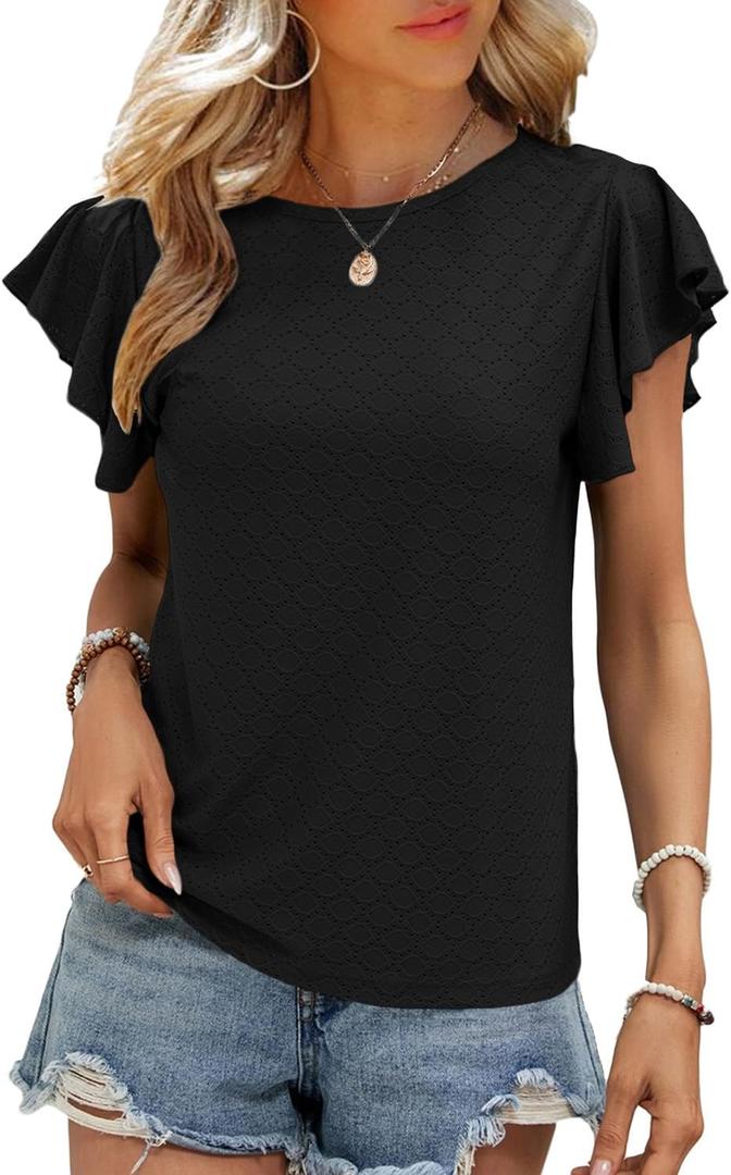 SHEWIN Womens Summer Tops Casual Crewneck Ruffle Short Sleeve T Shirts Hollow out Tunic Top Loose Fit (Black, S)