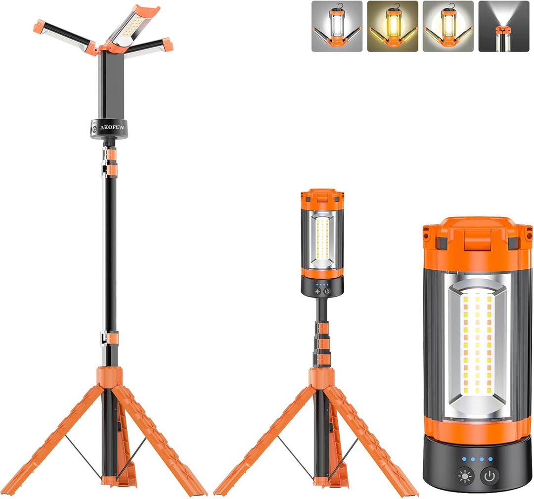 AKOFUN 12000mAh Camping Light with Stand, Rechargeable Work Light, 10000 Lumen Dimmable Cordless Work Light with 3 LED Lamp Heads, Magnetic Emergency Flashlight with 79" Detachable Tripod