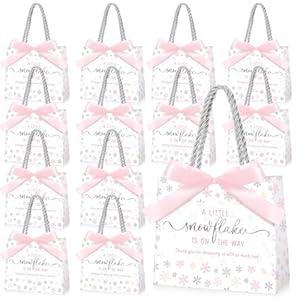 Spakon 25 Set Snowflake Baby Shower Party Favors Goodie Bag a Little Snowflake Is on the Way Gift Snow Print Treat Bags with and Bow Ribbon for Winter Baby Shower Party Decorations Supplies