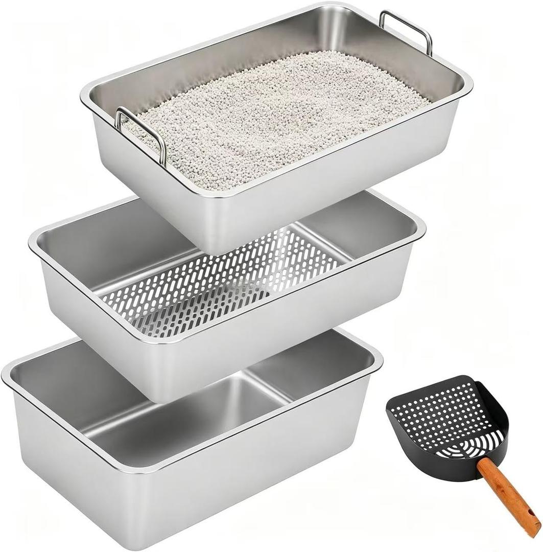 Triple Pan Stainless Steel Sifting Cat Litter Box, Extra Large