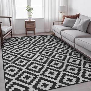 Boho 6x9 Soft Area Rug with Nonslip Backing for Living Room, Bedroom, Dinning Room, Low Piles Carpet Mat Indoor and Outdoor Rug, Black&Gray